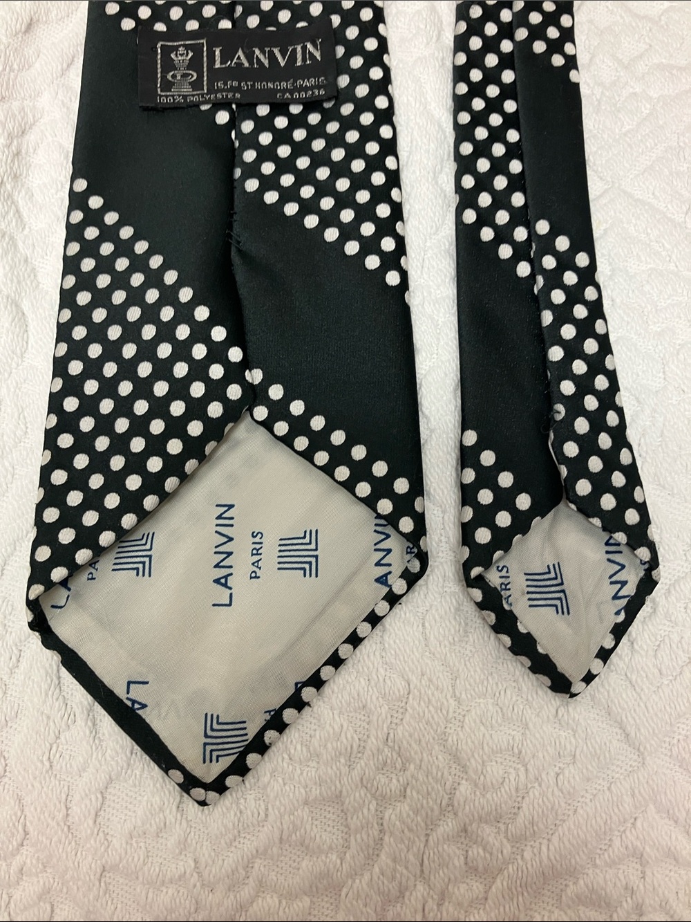 Vintage Lanvin Paris retro polyester tie, polka dots, black & white diagonal